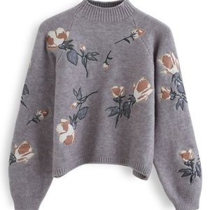 CHICWISH BNWT floral print embroidered gray sweater